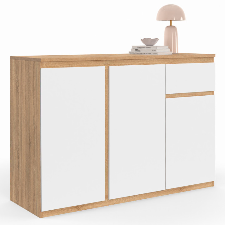 Buffet 100 Cm VITO Blanc Et Plateau Bois - 3 Portes + 2 Tiroirs - Style Campagne Chic - Dimensions : L100 X P34 X H80 Cm