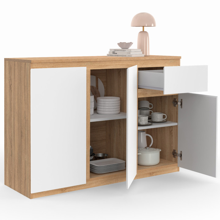 Sideboard 100 cm weiß und Holz 3 Türen 1 Schublade - TOMI | ID Market