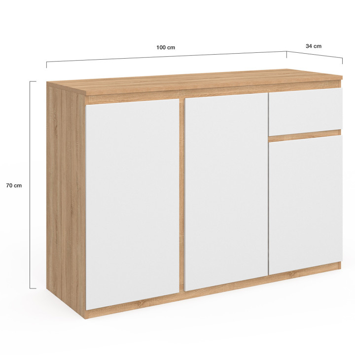 Aparador 100 cm blanco y madera 3 puertas 1 cajón - TOMI | ID Market