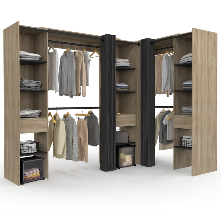 Dressing d'angle extensible bois effet hêtre avec penderies, étagères et rideaux noirs - MARLON | ID Market Dressing d'angle extensible bois effet hêtre avec penderies, étagères et rideaux noirs - MARLON | ID Market