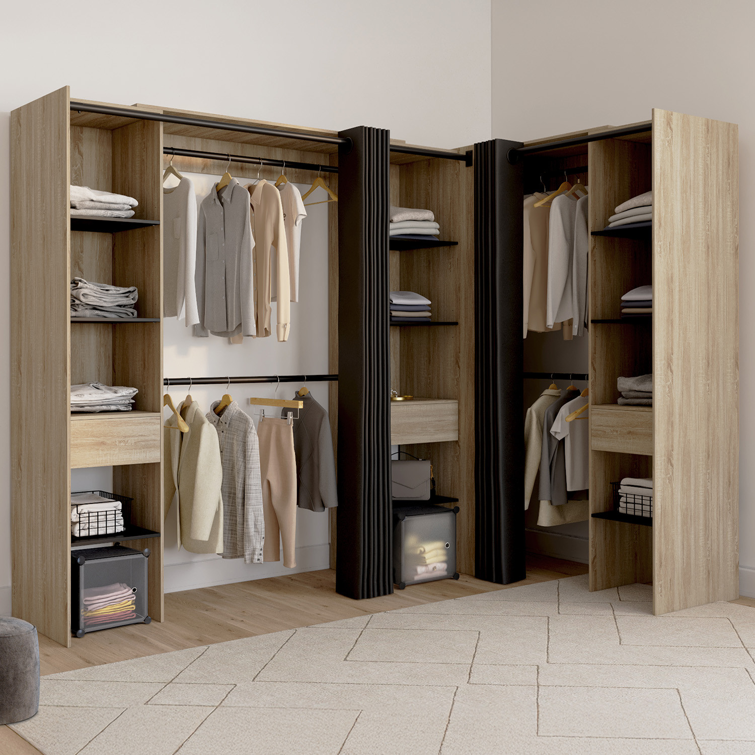 Dressing d'angle extensible bois effet hêtre avec 4 penderies + 12 étagères + 3 tiroirs et rideaux noirs