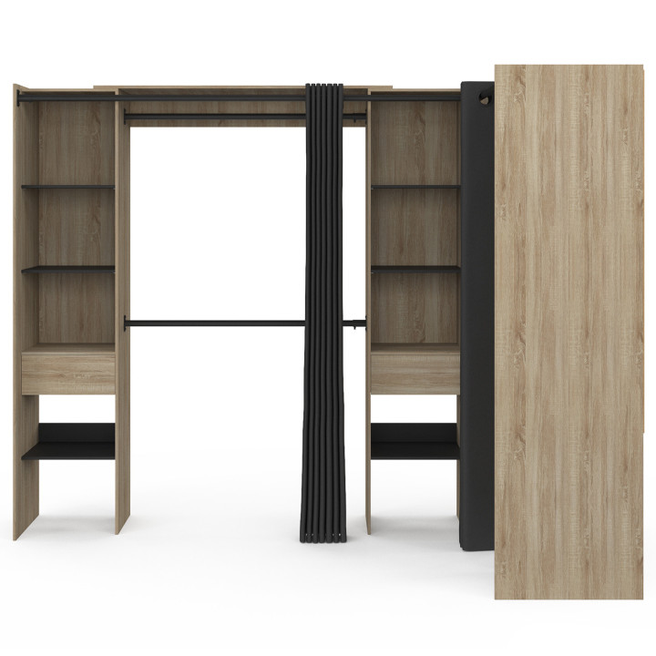 Dressing d'angle extensible bois effet hêtre avec penderies, étagères et rideaux noirs - MARLON | ID Market Dressing d'angle extensible bois effet hêtre avec penderies, étagères et rideaux noirs - MARLON | ID Market