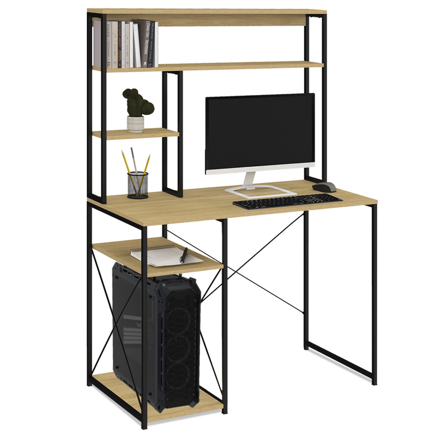 Bureau 120x60cm Bois Marron Avec étagères De Rangement - Poste De Travail Adulte/adolescent
