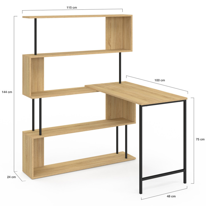 Escritorio esquinero con librería giratoria 180°, forma S industrial - DETROIT | ID Market