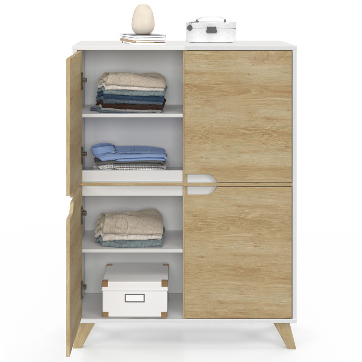 Meuble de rangement 4 portes HELSINKI scandinave blanc et bois