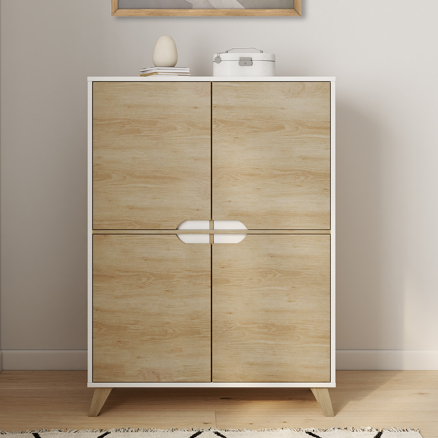 Armoire de rangement scandinave avec 4 portes blanc et bois