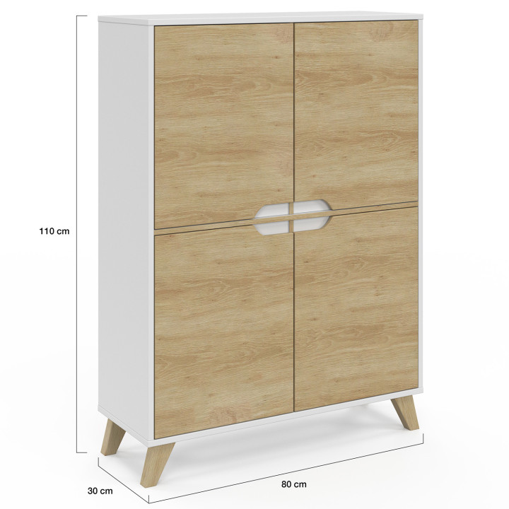 Meuble de rangement 4 portes HELSINKI scandinave blanc et bois