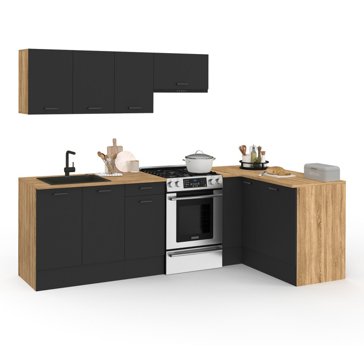 Cocina rinconera completa en madera y negro 400 cm - SUBTIL | ID Market Cocina rinconera completa en madera y negro 400 cm - SUBTIL | ID Market