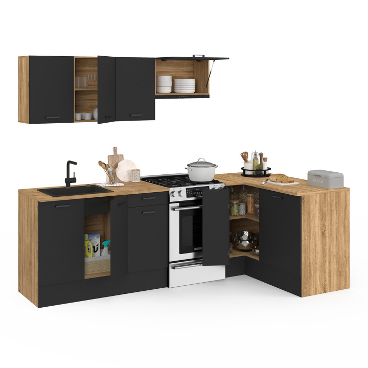 Cocina rinconera completa en madera y negro 400 cm - SUBTIL | ID Market Cocina rinconera completa en madera y negro 400 cm - SUBTIL | ID Market