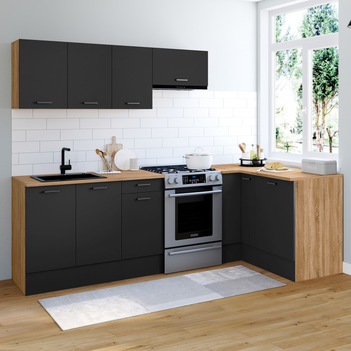 Cocina rinconera completa en madera y negro 400 cm - SUBTIL | ID Market Cocina rinconera completa en madera y negro 400 cm - SUBTIL | ID Market