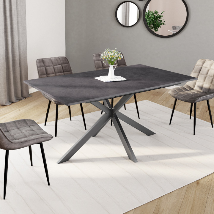 Uitschuifbare eettafel in grijze betonslook, rechthoekig, met spinnenpoot - JASPE