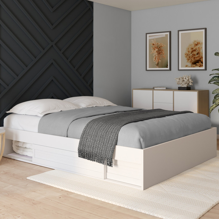 Bedframe 160x200cm met opbergruimte en witte lattenbodem - SALEM | ID Market