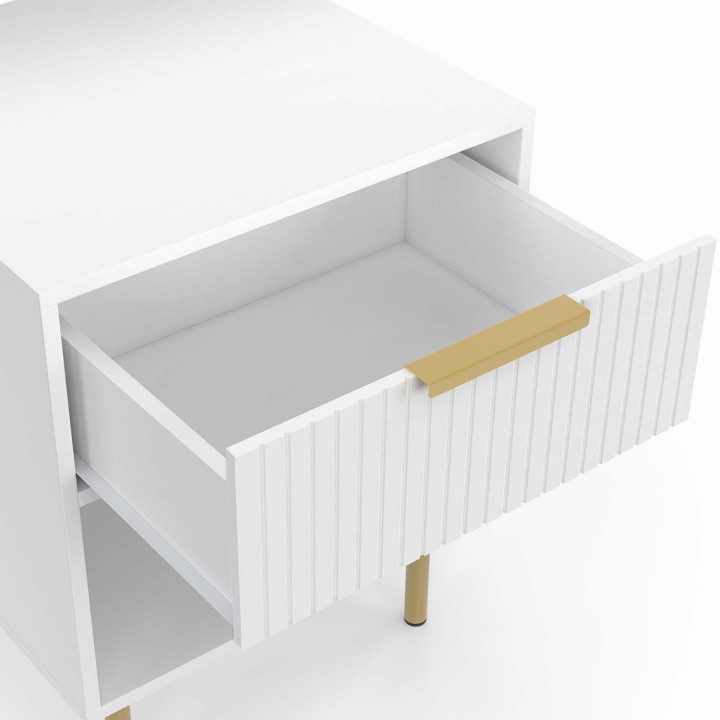 Lot de 2 tables de chevet 1 tiroir avec niche lattes tasseau bois blanc et doré - MARCEL | ID Market