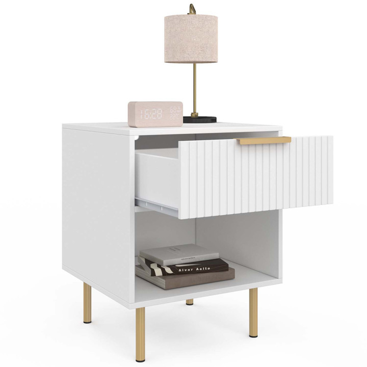 Lot de 2 tables de chevet 1 tiroir avec niche lattes tasseau bois blanc et doré - MARCEL | ID Market