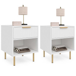 Lot de 2 tables de chevet MARCEL 1 tiroir avec niche effet lattes blanc et doré