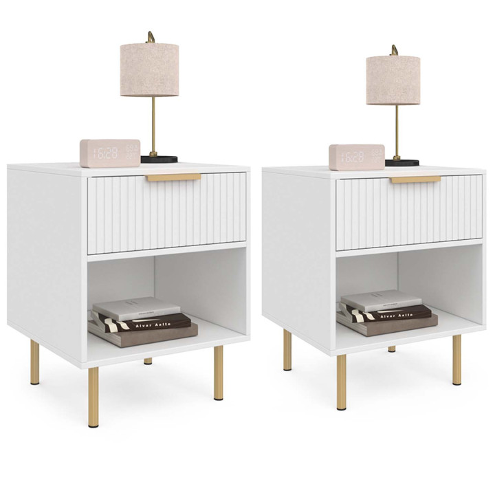 Lot de 2 tables de chevet 1 tiroir avec niche lattes tasseau bois blanc et doré - MARCEL | ID Market