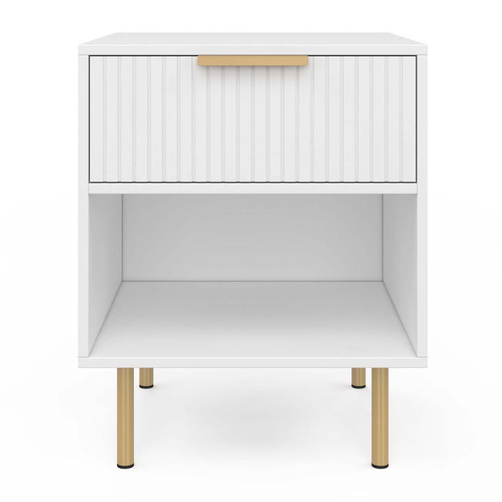 Lot de 2 tables de chevet 1 tiroir avec niche lattes tasseau bois blanc et doré - MARCEL | ID Market