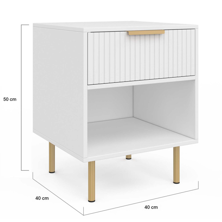 Set van 2 nachtkastjes, 1 lade met nis, witte en gouden houten latten - MARCEL | ID Market