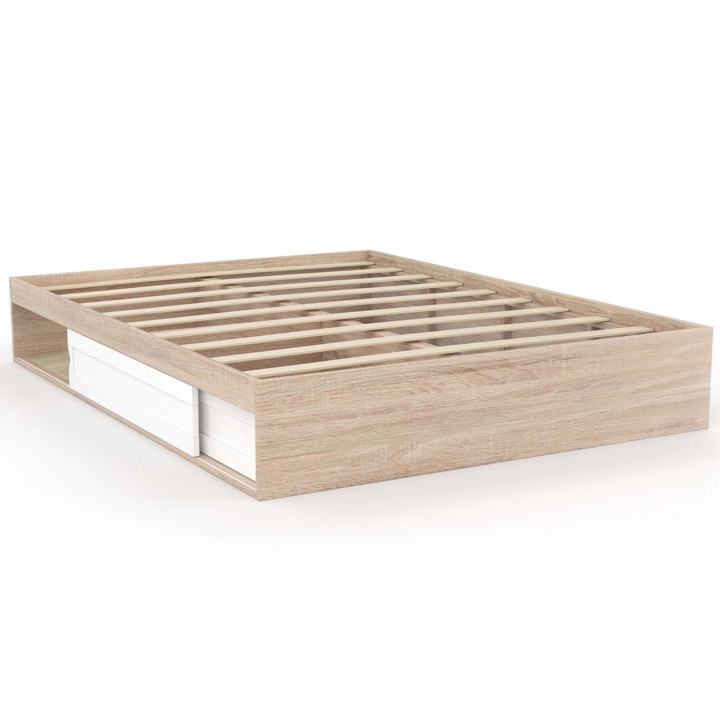 Marco de cama 140x190 cm con base blanca y madera y almacenaje - SALEM | ID Market