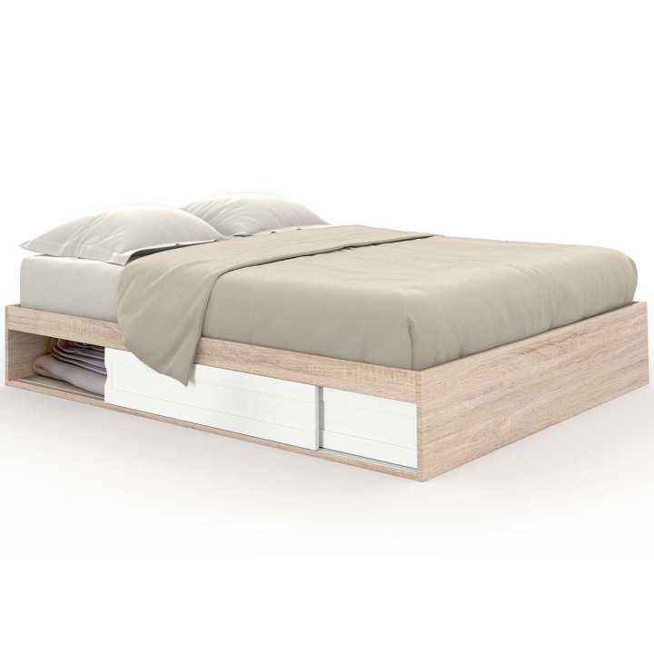 Bedframe 140x190 cm met opbergvakken, wit & hout | ID Market