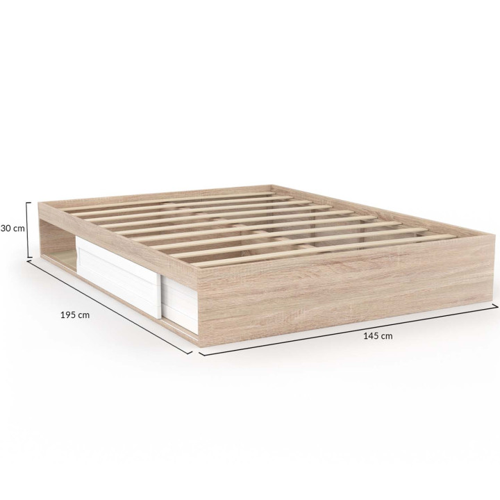 Marco de cama 140x190 cm con base blanca y madera y almacenaje - SALEM | ID Market