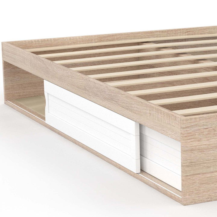 Marco de cama 140x190 cm con base blanca y madera y almacenaje - SALEM | ID Market