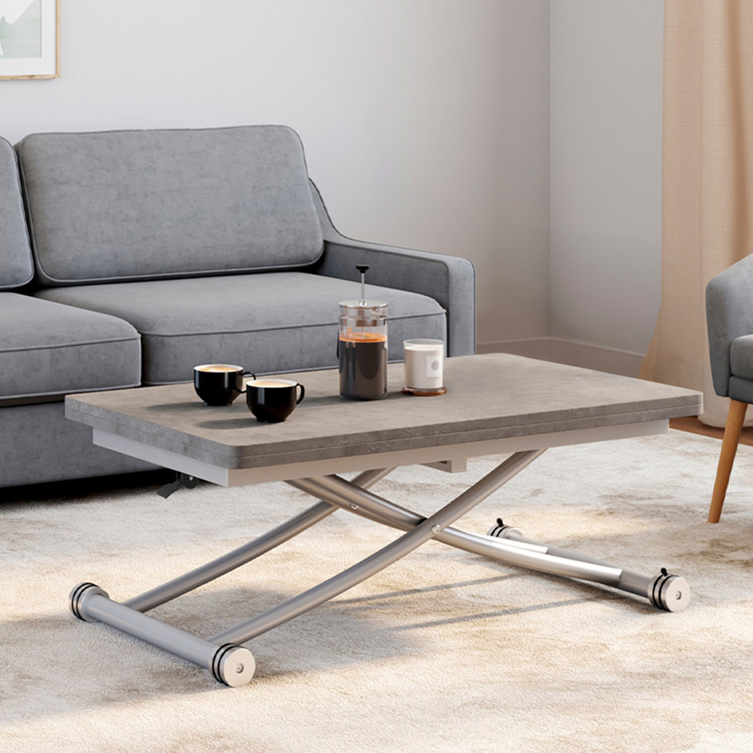 Table basse relevable en table à manger moderne avec plateau effet béton