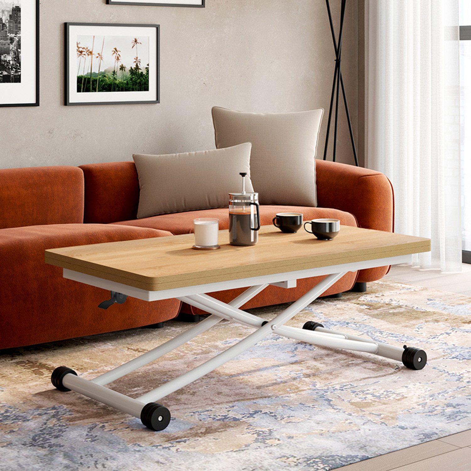 Table basse relevable en table à manger industrielle avec plateau façon hêtre