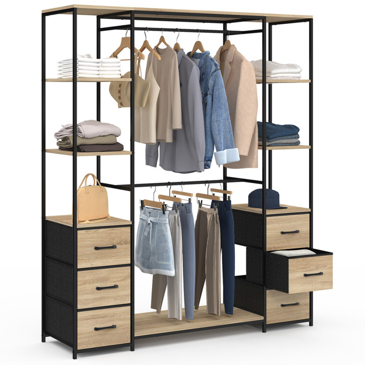 Dressing industriel double penderie avec étagères et 6 bacs bois et noir - UTAH | ID Market