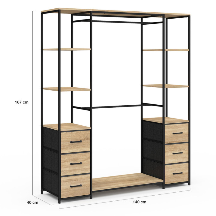 Dressing industriel double penderie avec étagères et 6 bacs bois et noir - UTAH | ID Market