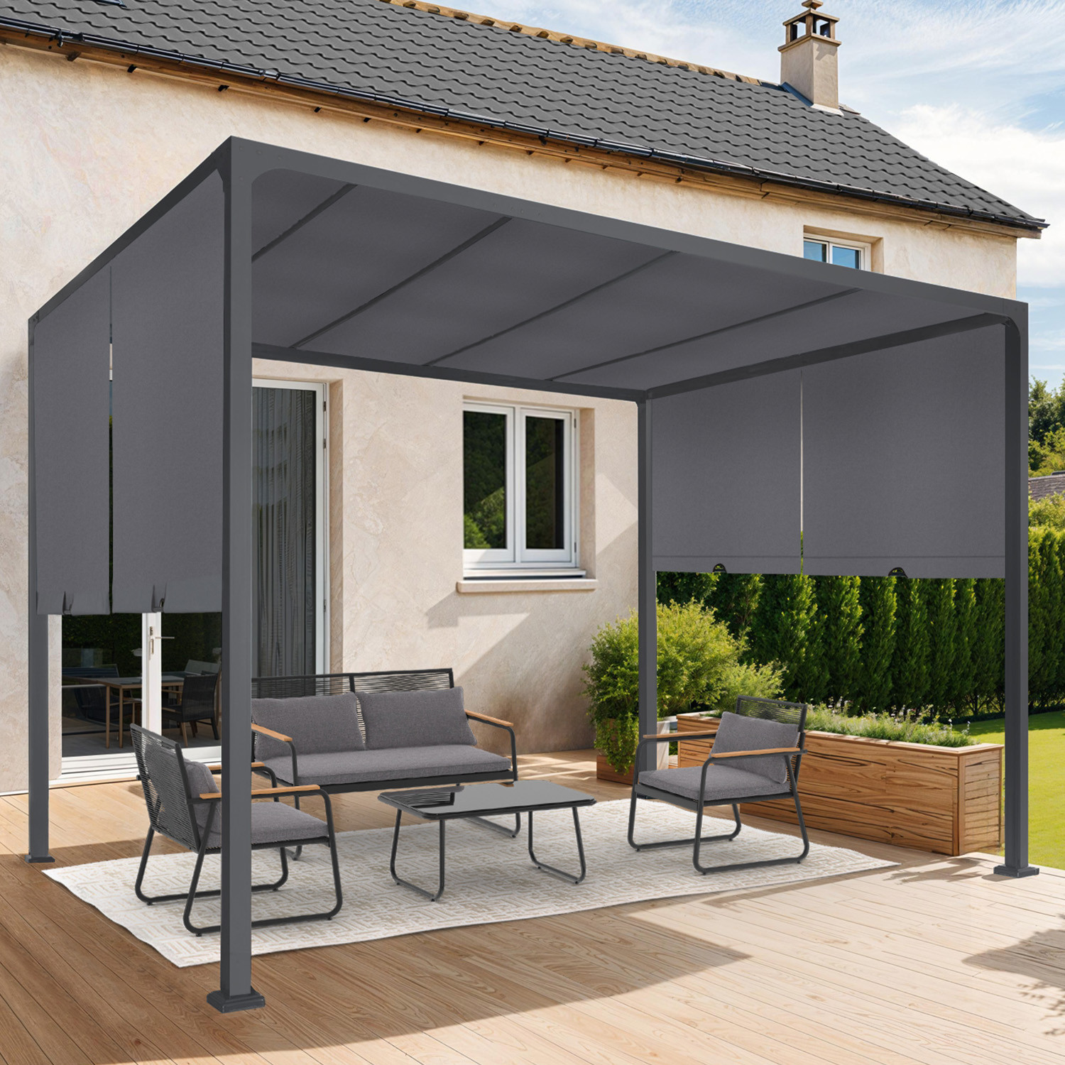 Pergola coulissante gris anthracite 2 pans 3x3 M