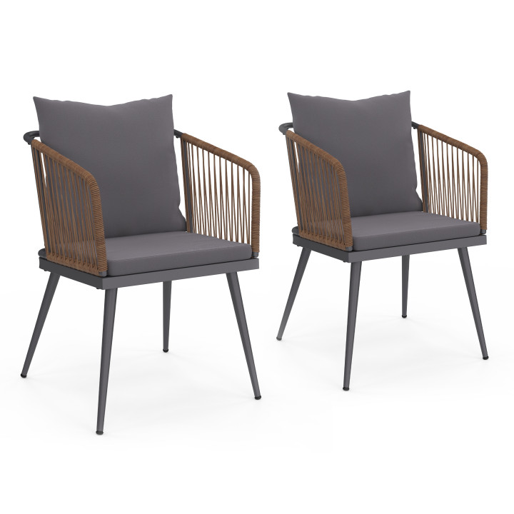 Lot de 2 fauteuils de jardin métallique gris avec cordage rotin foncé - ARIZONA | ID Market