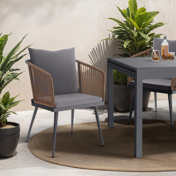 Lot de 2 fauteuils de jardin métallique gris avec cordage rotin foncé - ARIZONA | ID Market