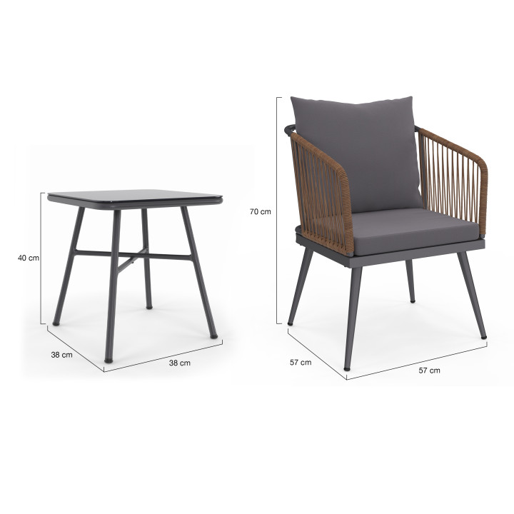 Set di mobili da giardino bassi a 2 posti in metallo grigio con corde in rattan scuro - ARIZONA | ID Market