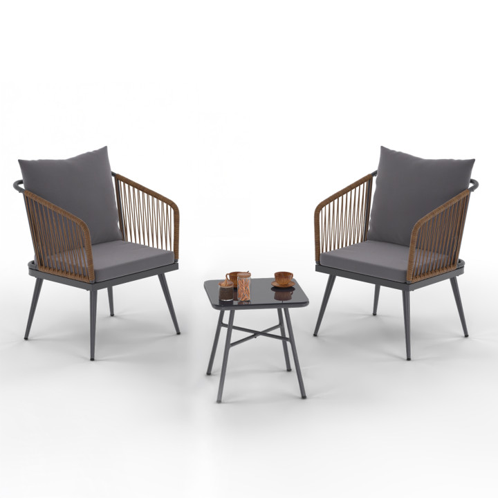 Set di mobili da giardino bassi a 2 posti in metallo grigio con corde in rattan scuro - ARIZONA | ID Market