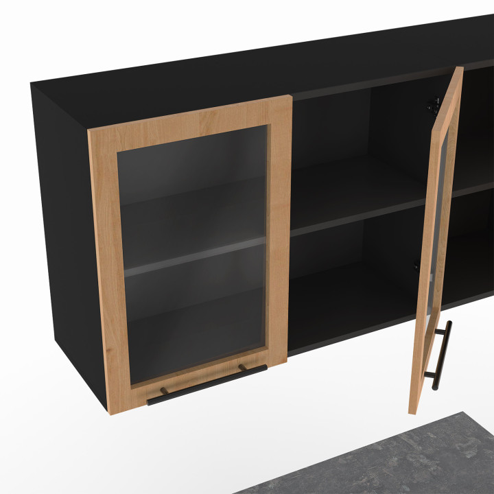 Cocina completa con vitrina, encimera negra y frente de madera | ID Market