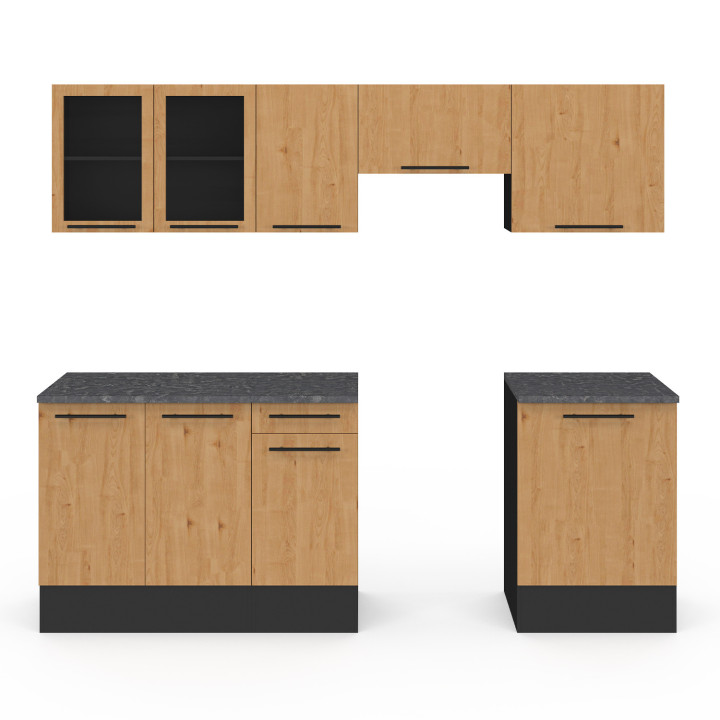 Cocina completa con vitrina, encimera negra y frente de madera | ID Market