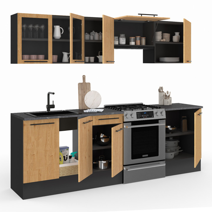 Complete keuken met vitrinekast, zwart werkblad en houten front | ID Market