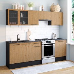 16582 - Komplettküche 240 cm mit Vitrine und Arbeitsplatte - 7 Elemente aus Holz und Schwarz Komplette Küche mit Vitrine, schwarzer Arbeitsplatte und Holzfassade | ID Market