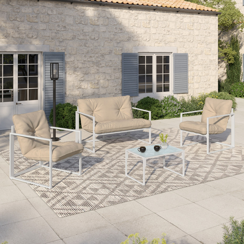 Nairobi conjunto de muebles bajos de jardín de 4 plazas de acero blanco con cojines beige