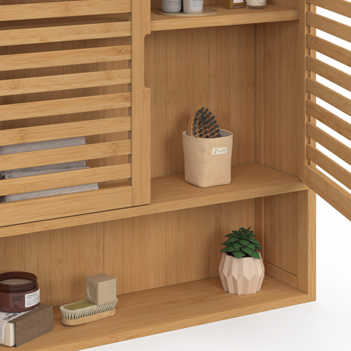 Armario de pared de bambú para baño de 2 puertas con estante | ID Market