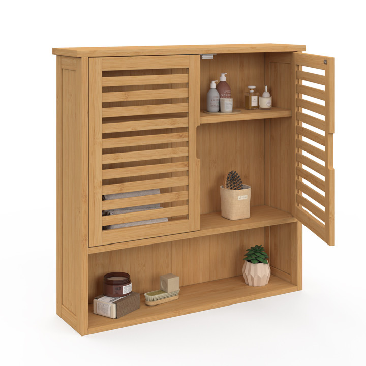 Armario de pared de bambú para baño de 2 puertas con estante | ID Market