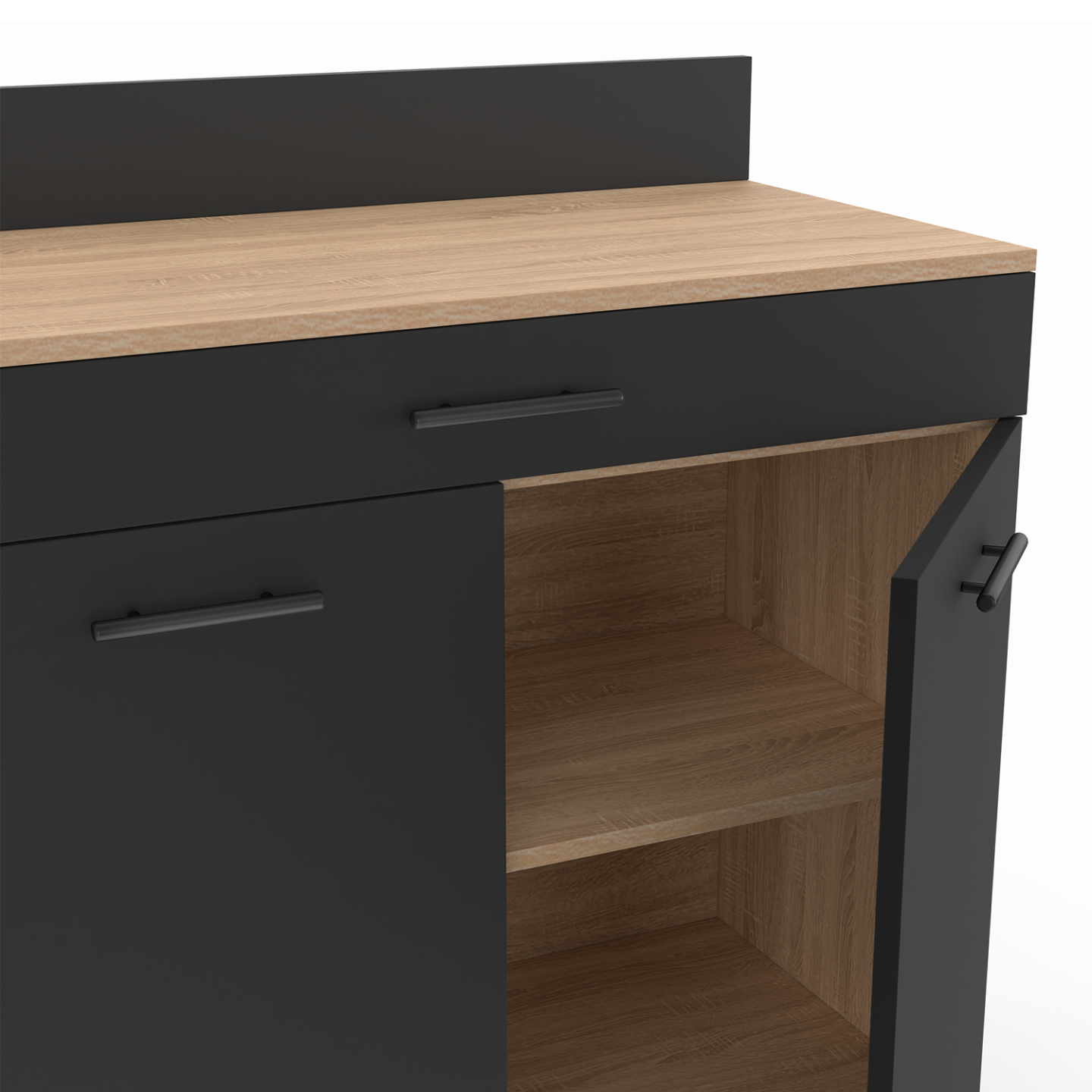 Buffet De Cuisine CINA 140 Cm - 5 Portes + 3 Tiroirs - Finition Hêtre Et Noir - Grand Rangement Pour Casseroles Et Vaisselle