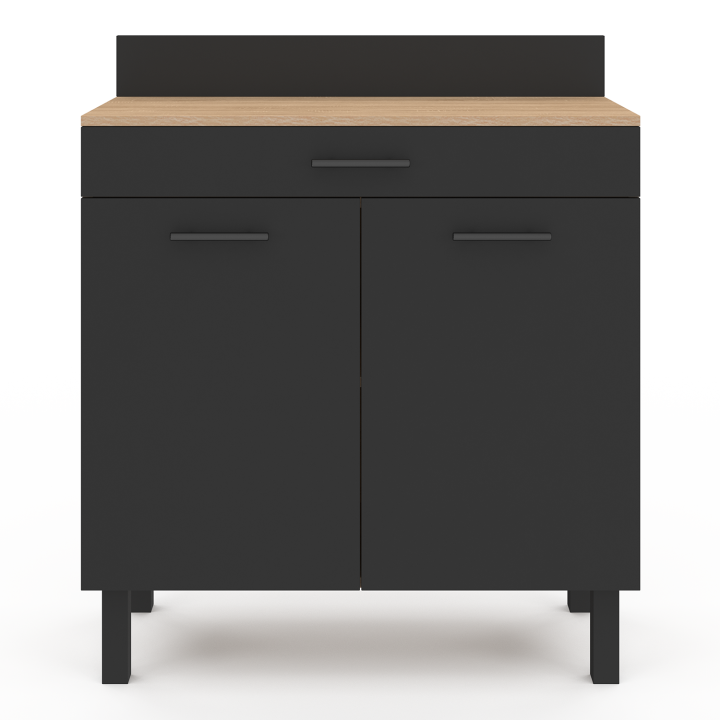 Buffet bas de cuisine 80 cm CINA plan de travail H.83 cm 2 portes + tiroir façon hêtre et noir