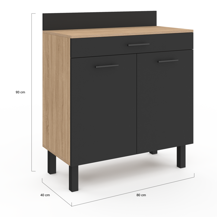 Niedriges Küchenbuffet 80 cm CINA Arbeitsplatte H.83 cm 2 Türen + Schublade in Buchenholzoptik und schwarz