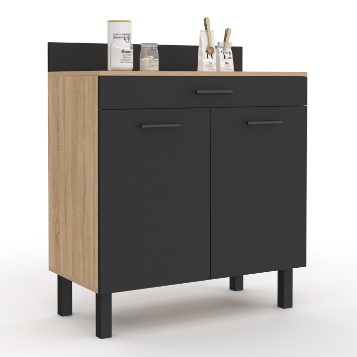 Buffet bas de cuisine 80 cm CINA plan de travail H.83 cm 2 portes + tiroir façon hêtre et noir