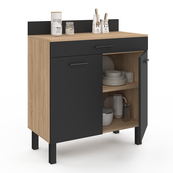 Buffet bas de cuisine 80 cm CINA plan de travail H.83 cm 2 portes + tiroir façon hêtre et noir