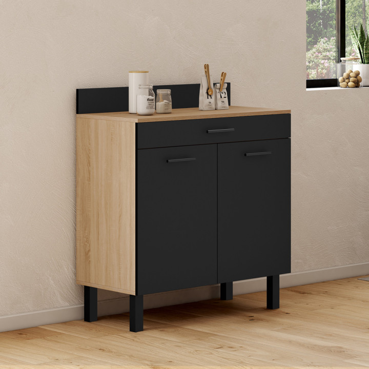 Buffet bas de cuisine 80 cm CINA plan de travail H.83 cm 2 portes + tiroir façon hêtre et noir