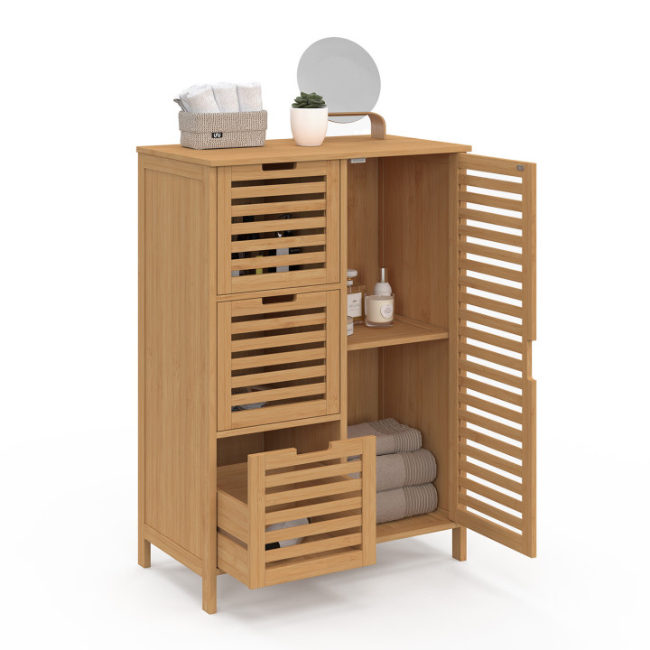 Meuble rangement salle de bain bambou 3 tiroirs avec placard - BEA | ID Market