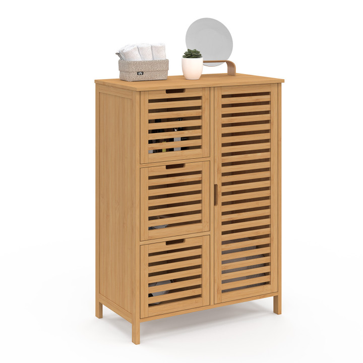 Meuble rangement salle de bain bambou 3 tiroirs avec placard - BEA | ID Market